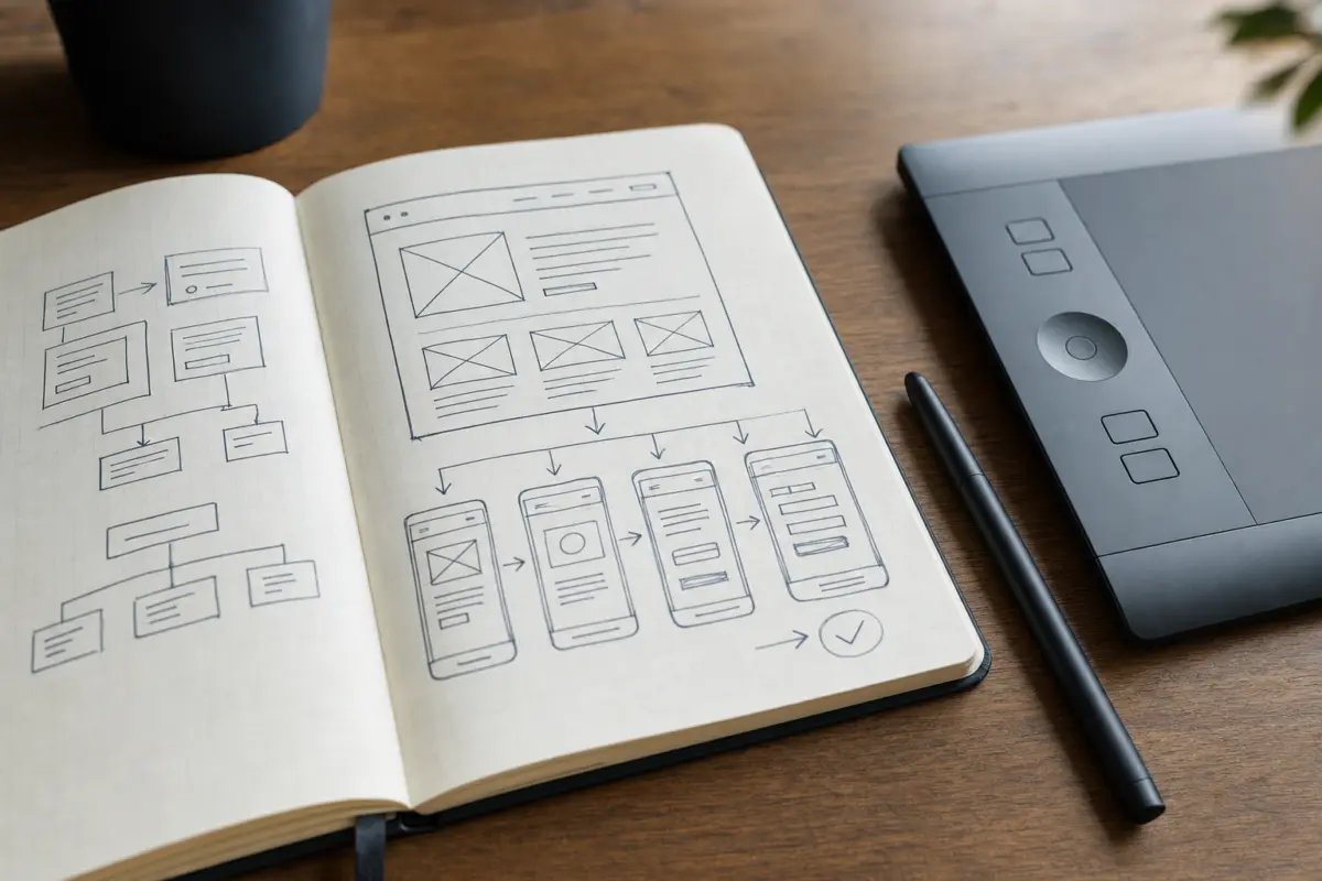 Illustration zum Artikel Warum bringt meine Website keine Anfragen?, Abschnitt 2: Notizbuch mit Skizzen, digitaler Stift, Grafiktablett, Schreibtischoberfläche