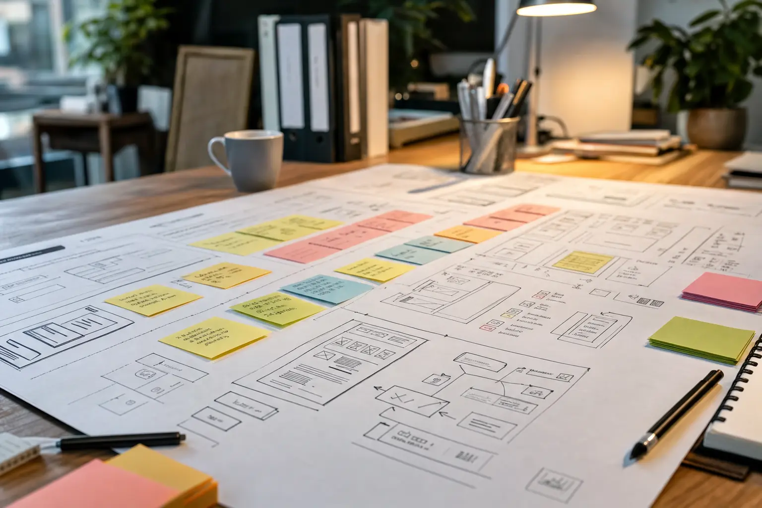 Titelbild zum Artikel Webdesign-Projekt planen: Von der ersten Idee bis zur fertigen Website: Planungsboard, Haftnotizen, Stifte, Skizzen, Moderationskarten, Tischkante, Ordner, Schreibtischlicht
