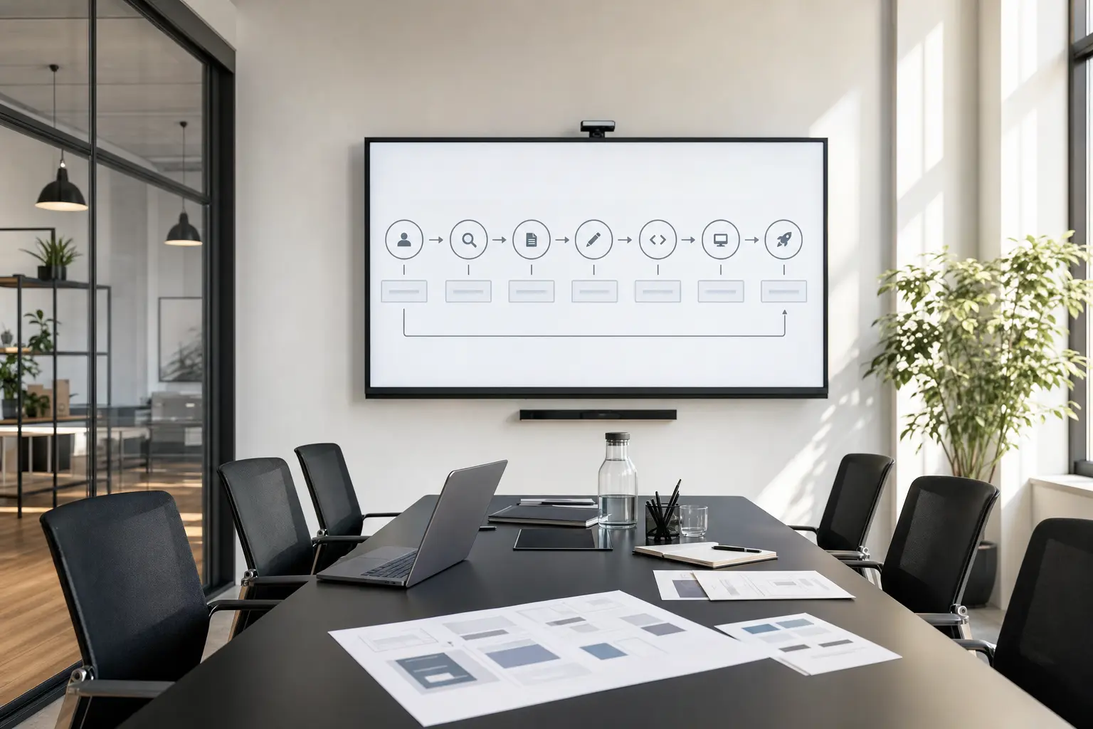 Titelbild zum Artikel Wie läuft ein Webdesign-Projekt mit einer Agentur ab?: moderner Meetingraum, großer Bildschirm, Tisch, ergonomische Stühle, Laptop, Skizzenblätter, Glaswand