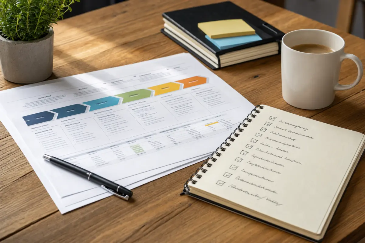 Illustration zum Artikel Wie läuft ein Webdesign-Projekt mit einer Agentur ab?, Abschnitt 4: Projektplan Ausdruck, Kugelschreiber, Notizbuch mit Checkliste, Kaffee Tasse, Holztisch