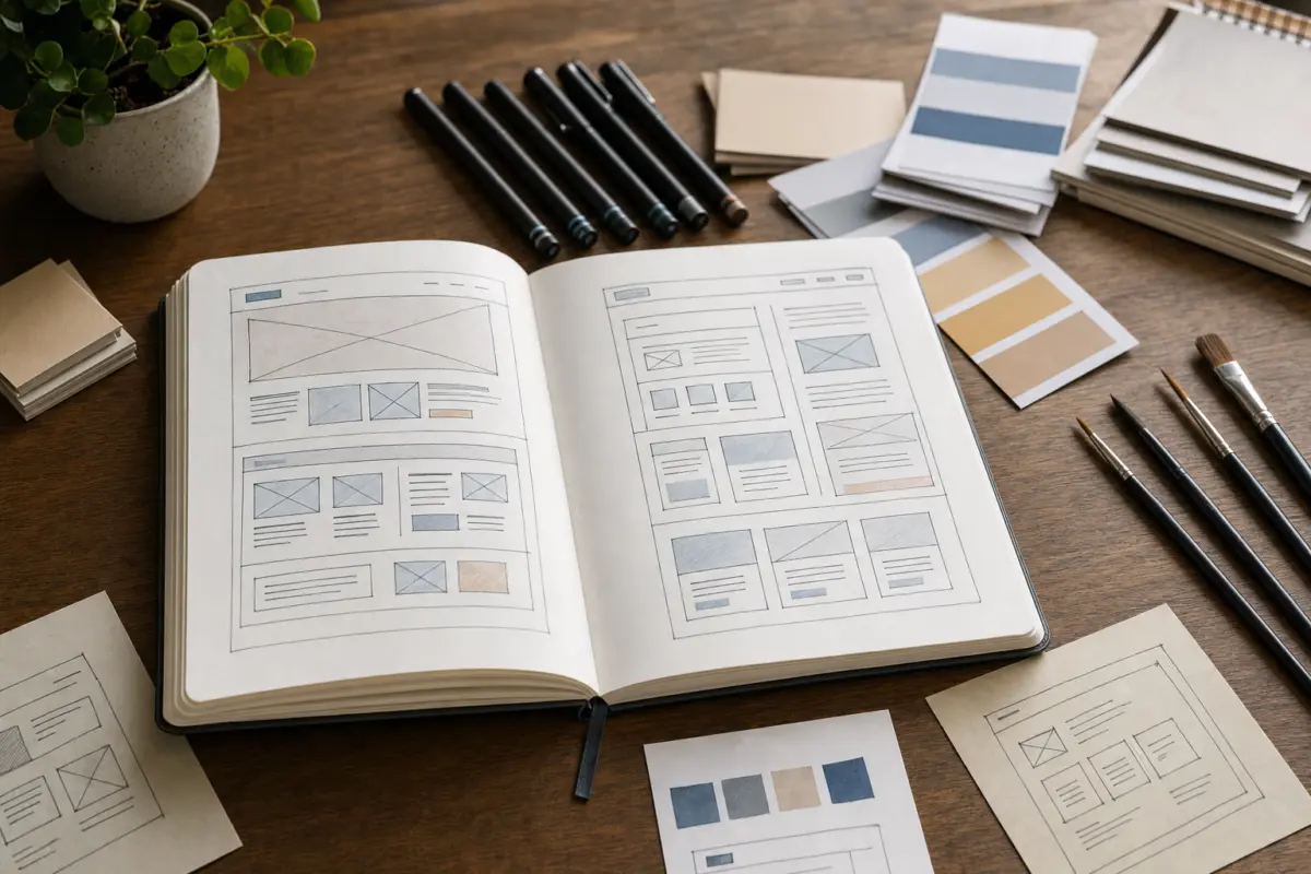 Illustration zum Artikel Webdesign für mittelständische Unternehmen: Was wirklich zählt, Abschnitt 2: Design-Planer, Farbpaletten, Skizzenbuch, feine Stifte, Notizzettel, Holztisch