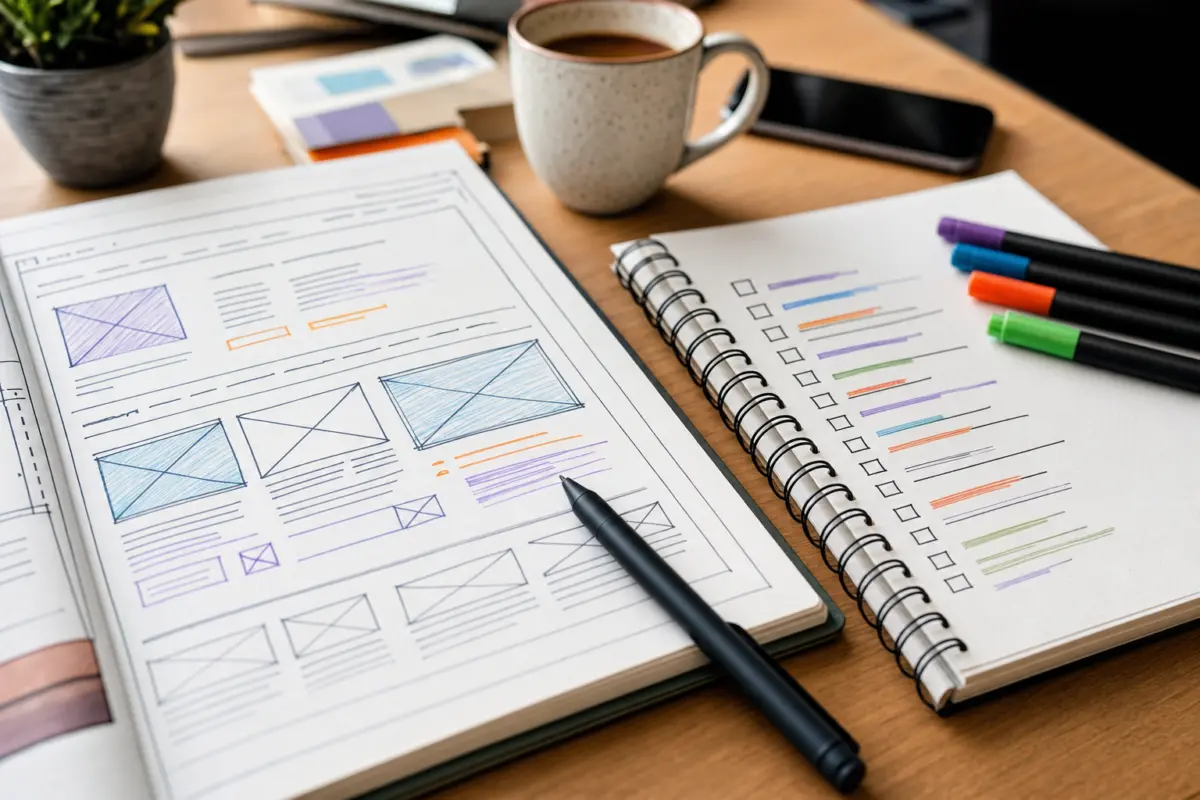 Illustration zum Artikel Webdesign und SEO: Warum Sichtbarkeit schon beim Aufbau beginnt, Abschnitt 1: Schreibtisch, Website-Layout-Skizze, SEO Checklisten-Notizblock, farbige Marker, digitaler Stift, Tasse Kaffee, Smartphone