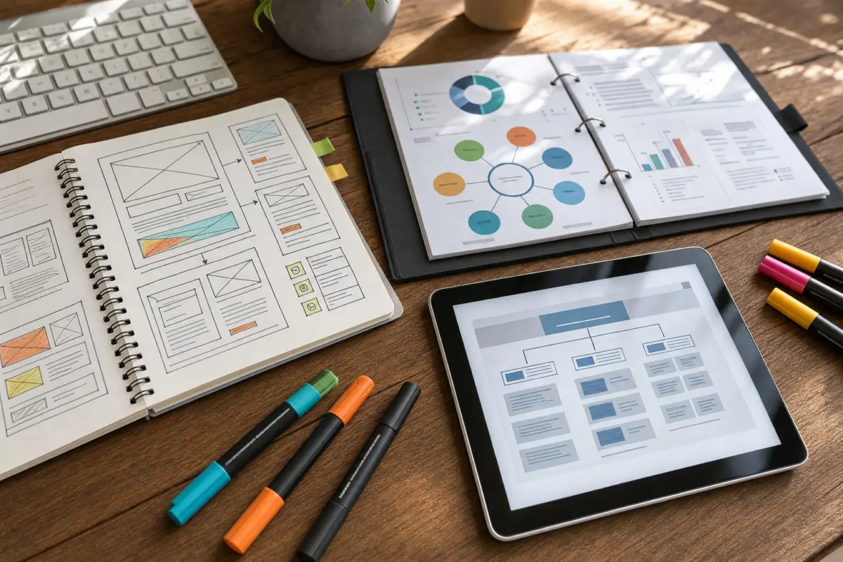 Illustration zum Artikel Neue Website oder SEO zuerst: Was ist die richtige Reihenfolge?, Abschnitt 3: Wireframe-Notizbuch, SEO-Strategie-Mappe, farbige Marker, Tablet, Tastaturkante