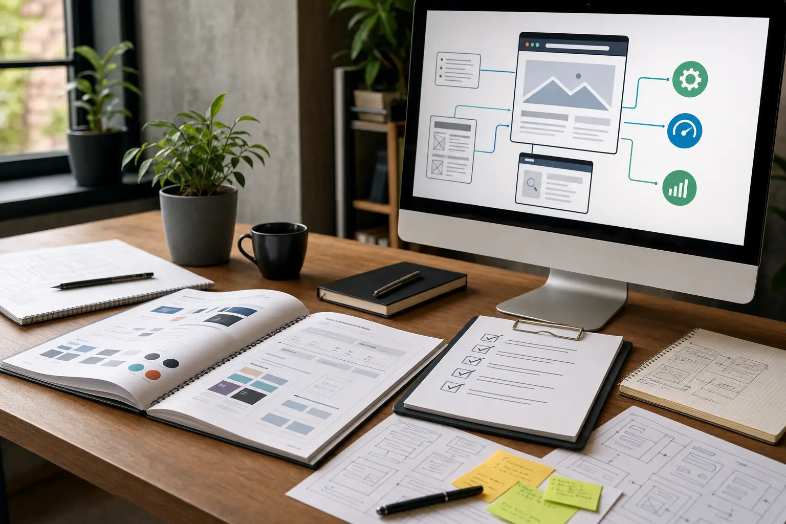 Titelbild zum Artikel Webdesign und SEO in Köln: Warum beides zusammen gedacht werden sollte: Design-Styleguide, Computerbildschirm mit Website-Struktur-Visualisierung, SEO-Checklisten, technische Notizen, moderner Schreibtisch, Pflanze