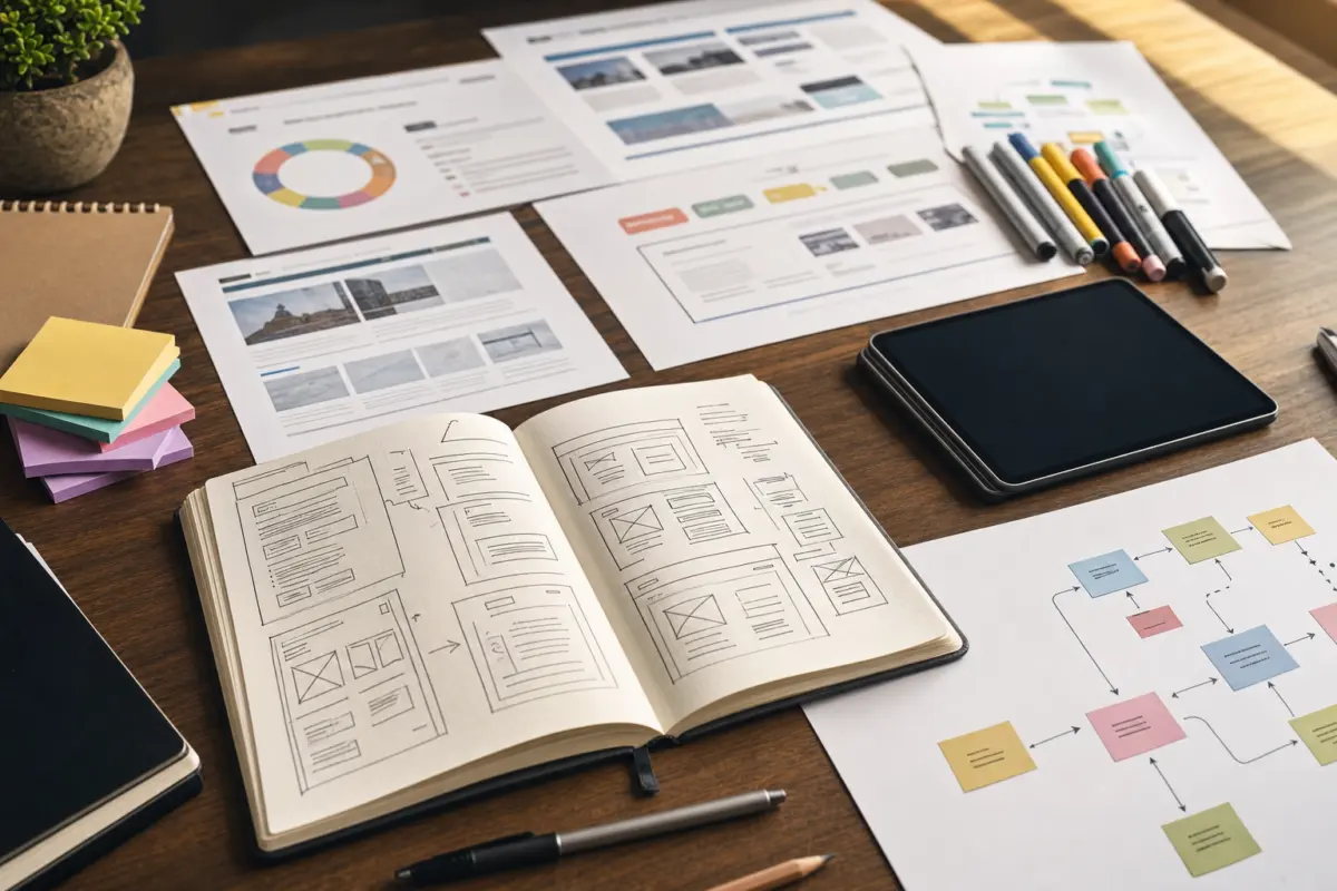Illustration zum Artikel Warum gute Websites nicht mit dem Design beginnen, Abschnitt 1: Notizbuch, handschriftliche Skizzen, Marker, Diagrammpapier, Laptop-Tablett, Bleistift