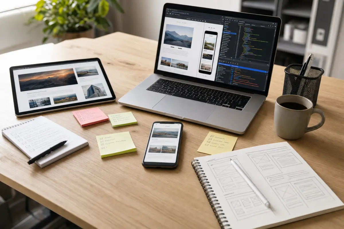 Illustration zum Artikel Wie läuft ein Webdesign-Projekt mit einer Agentur ab?, Abschnitt 3: Tablet mit Website-Ansicht, Laptop mit Debugging-Tool, Smartphone, Notizzettel mit Checklisten, Kaffeebecher, digitaler