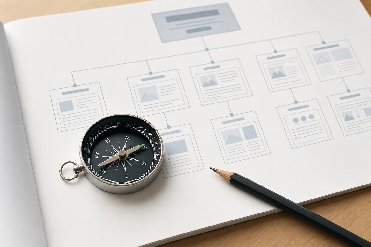 Titelbild zum Artikel Webdesign für Dienstleister: Wie Websites Vertrauen und Anfragen erzeugen: Papier mit Website-Sitemap, Kompassnadel, Bleistift