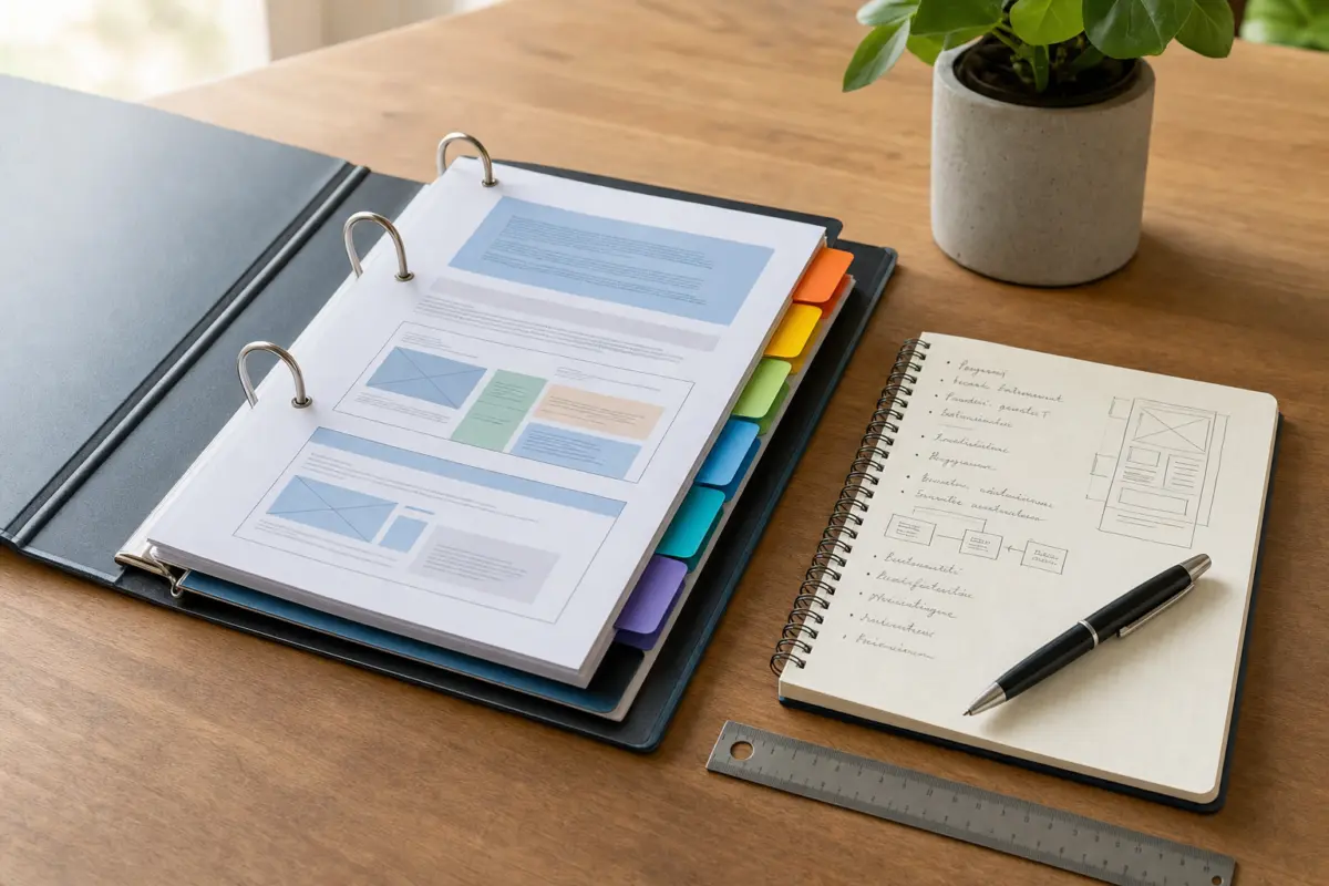 Illustration zum Artikel Webdesign-Projekt planen: Von der ersten Idee bis zur fertigen Website, Abschnitt 3: offener Ordner, farbige Dokumente, Notizblock mit handschriftlichen Notizen, Kugelschreiber, Lineal