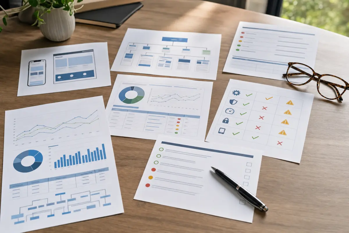 Illustration zum Artikel Website modernisieren statt neu erstellen: Wann reicht eine Überarbeitung?, Abschnitt 3: Diagramme auf Papier, Nutzungsstatistiken, technische Prüfnotizen, Prioritätenliste, Kugelschreiber, Brille, Holztisch