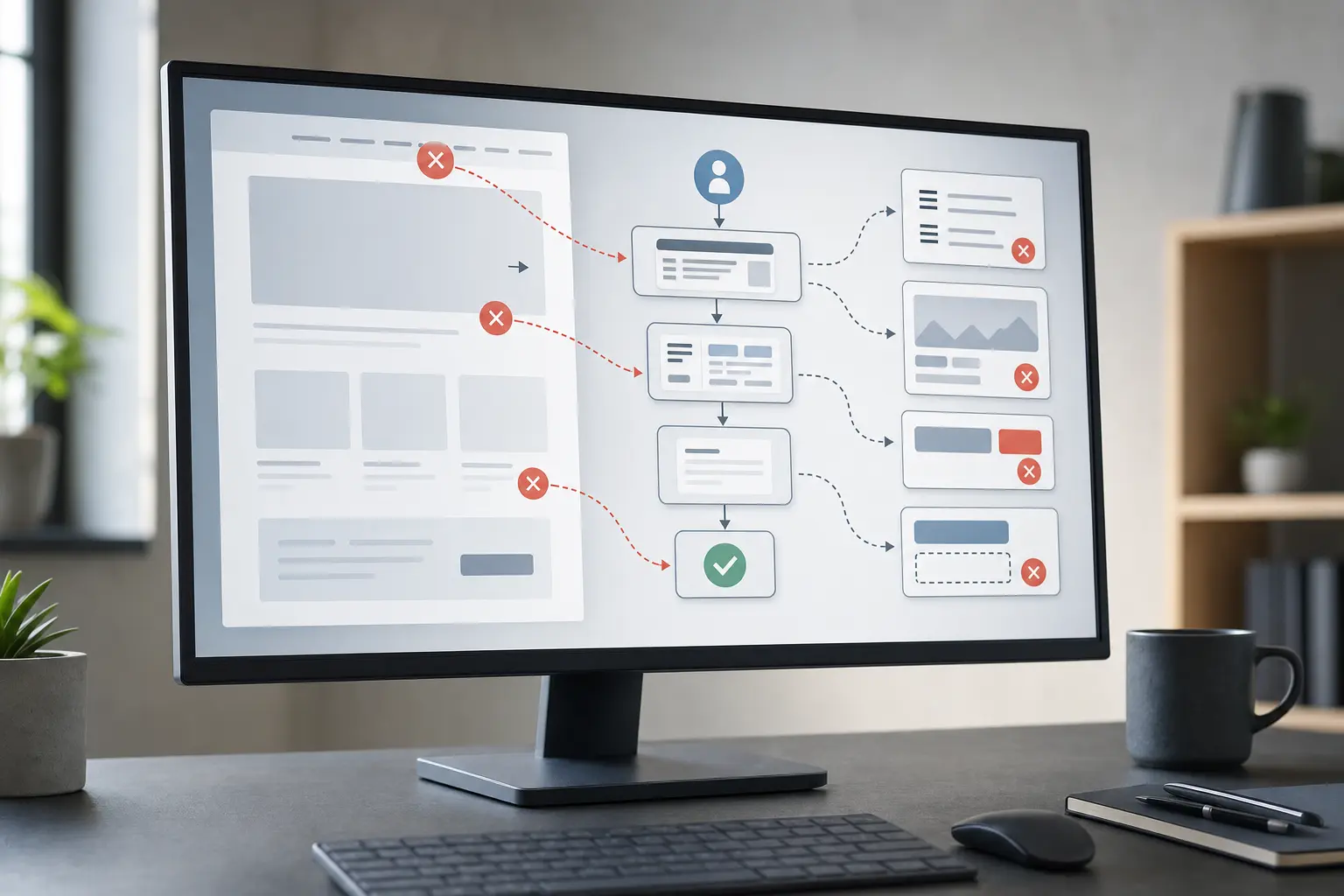 Titelbild zum Artikel Warum hat meine Website Besucher, aber keine Kunden?: Computerbildschirm, Website-Layout mit Markierungen, Flussdiagramm, Icons für Menüs, Call-to-Action-Buttons