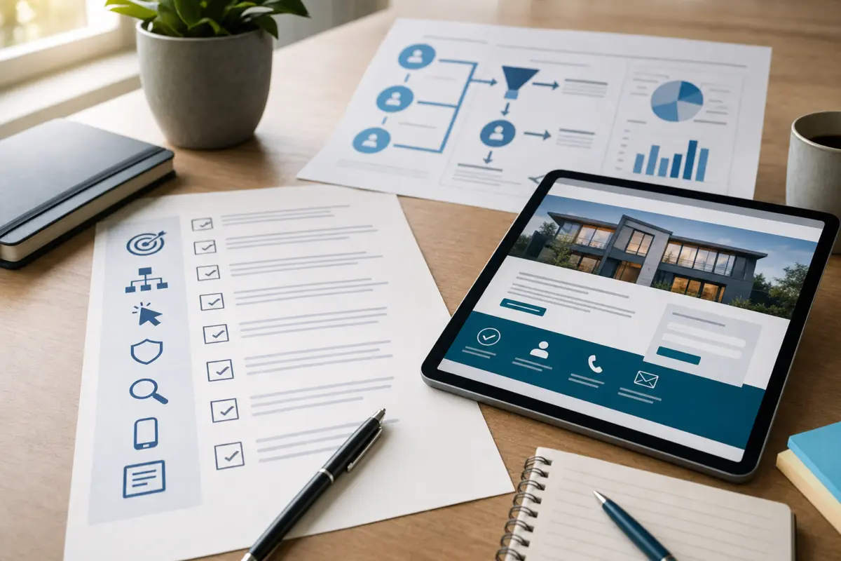 Illustration zum Artikel Warum bringt meine Website keine Anfragen?, Abschnitt 1: gedruckte Checkliste, Tablet mit Website-Landingpage, Nutzerfluss-Diagramm Ausdruck, Schreibutensilien, Notizblock