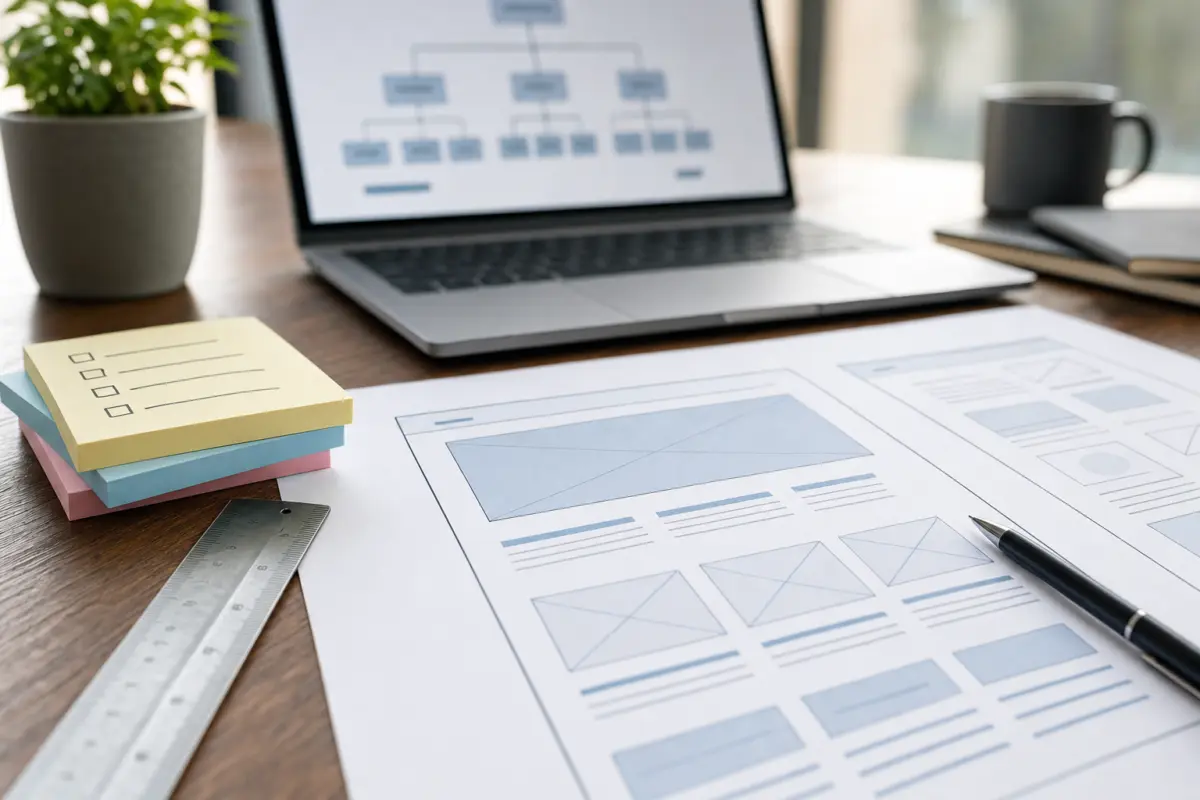 Illustration zum Artikel Webdesign für mittelständische Unternehmen: Was wirklich zählt, Abschnitt 1: Papier mit Website-Entwurf, Lineal, Stift, Notizzettel, Laptop mit Sitemap-Ansicht