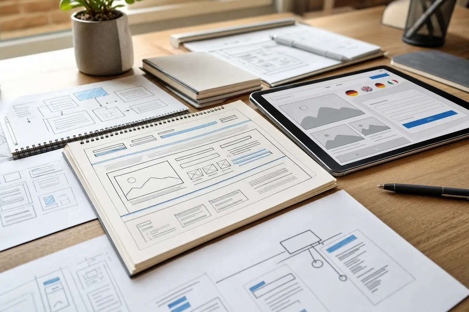 Illustration zum Artikel Was kostet eine professionelle Website in Köln?, Abschnitt 1: Notizbücher, Skizzen mit Website Layouts, lose Blätter, Tablet mit Interface-Darstellung, Stifte, moderner