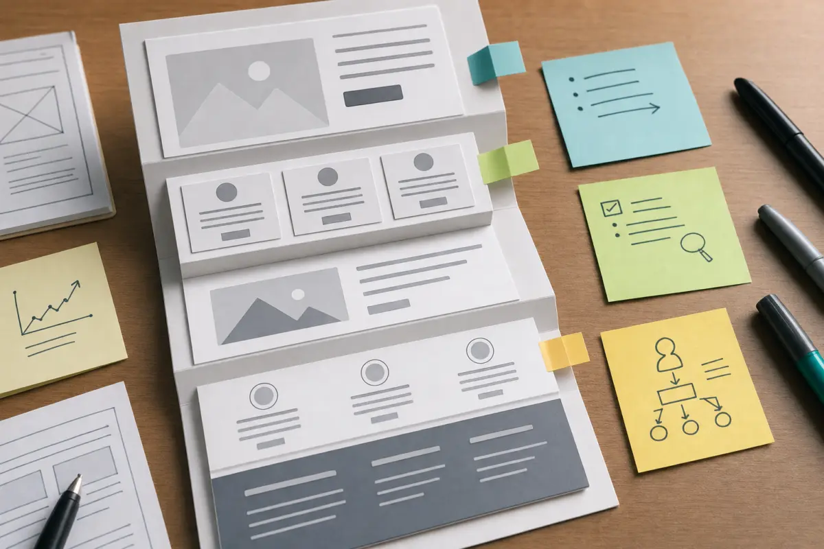Illustration zum Artikel Webdesign-Case: Wie aus einer veralteten Website ein moderner Auftritt wurde, Abschnitt 2: Wireframe-Modell Webseite, Marker, Notizzettel, Schreibtischoberfläche, Stifte