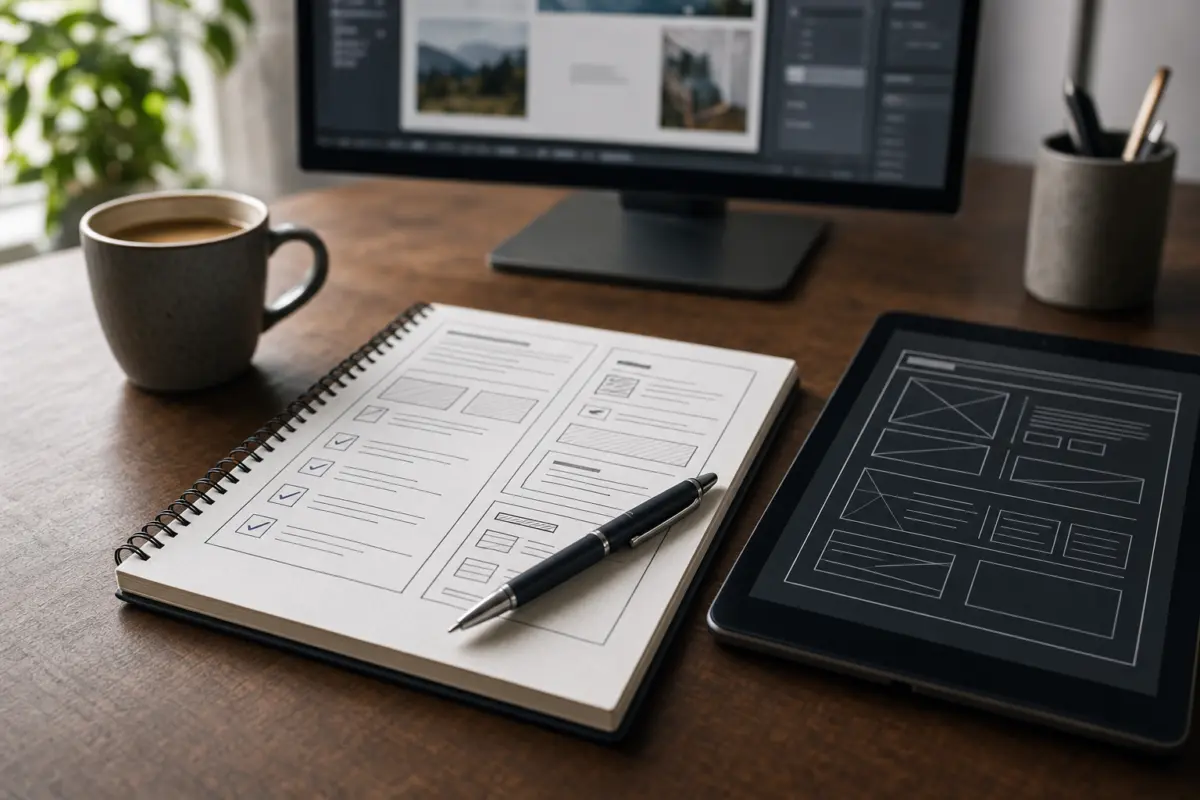 Illustration zum Artikel Homepage erstellen lassen: Worauf Unternehmen achten sollten, Abschnitt 2: Notizblock mit Inhaltsübersicht, moderner Stift, Tasse Kaffee, Digitizer-Tablet mit Website-Raster, unscharfer Bildschirm