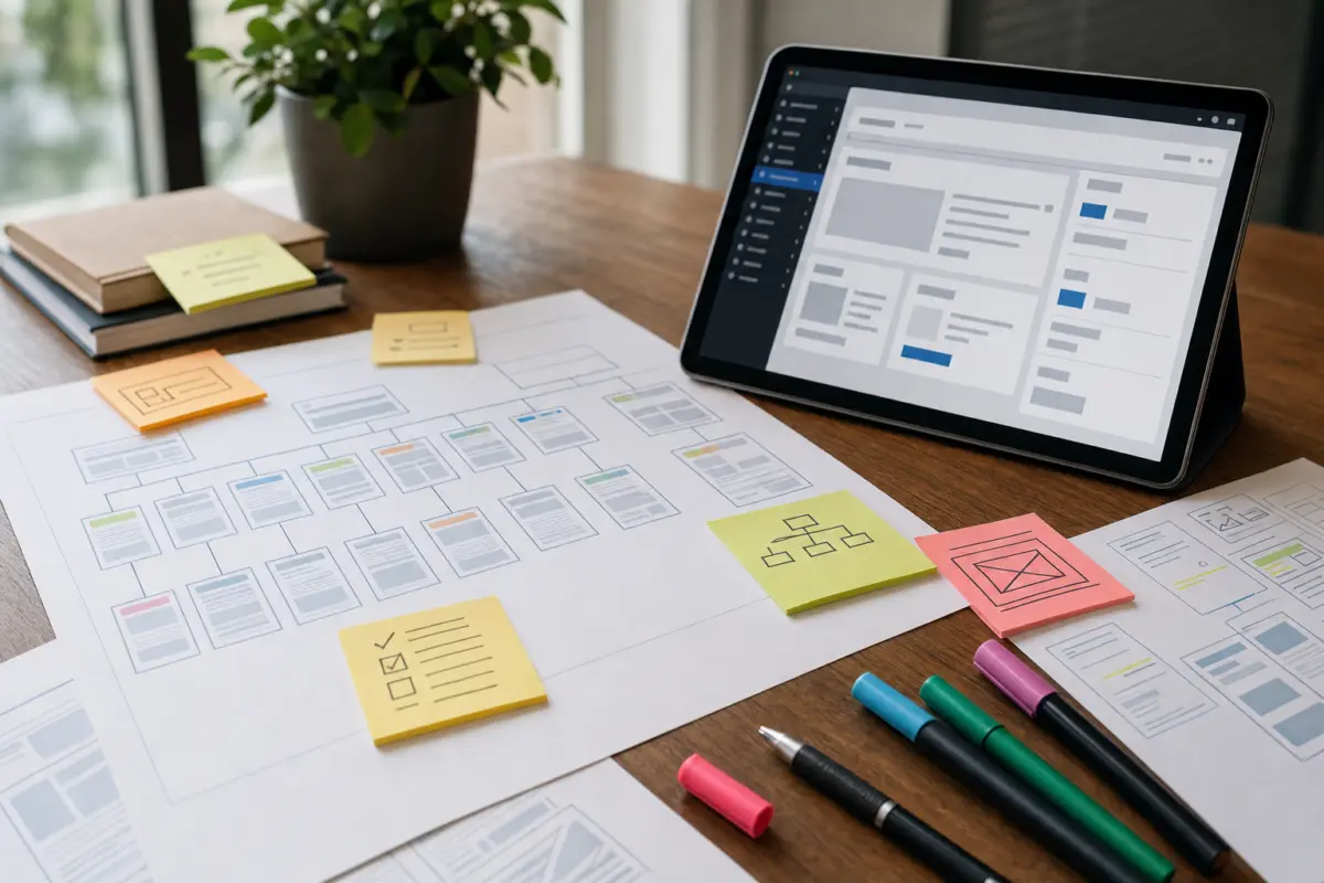Illustration zum Artikel Website Relaunch ohne Rankingverlust, Abschnitt 2: Ausdruck Seitenstruktur, Tablet mit CMS Interface, Haftnotizen, bunte Marker, Stift