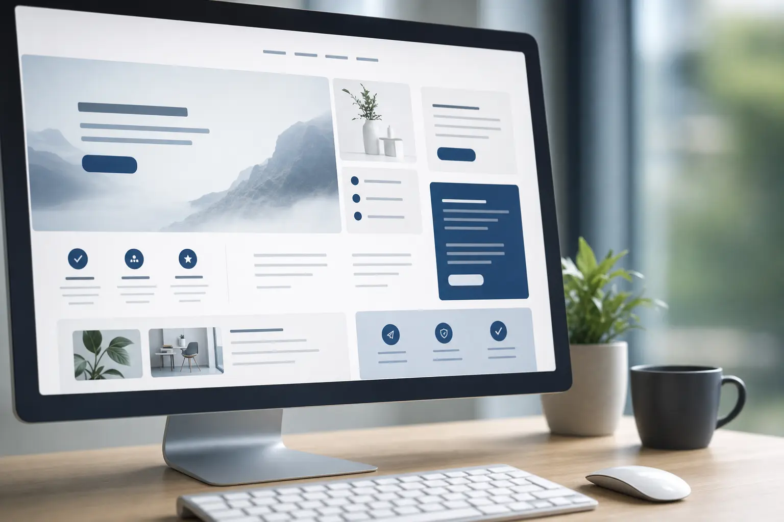 Titelbild zum Artikel Webdesign und Conversion: Wie aus Besuchern Anfragen werden: Computerbildschirm mit Website-Elementen, Call-to-Action Buttons, Informationsblöcke, Navigationsleiste, Maus, Tastatur