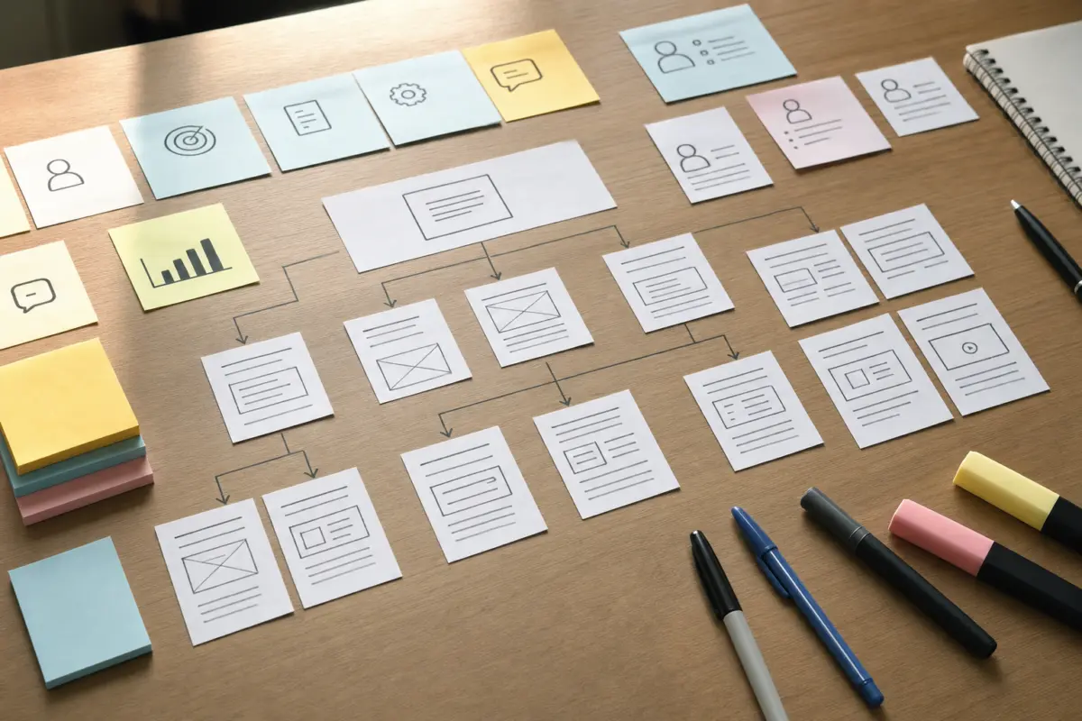 Illustration zum Artikel Webdesign-Projekt planen: Von der ersten Idee bis zur fertigen Website, Abschnitt 2: Planungskarten Website-Struktur, Textbausteine Startseite, Funktionskarten, Nutzerbedürfnisse Notizen, Zuständigkeitskärtchen, Marker, Stifte