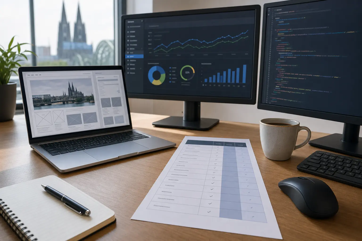 Titelbild zum Artikel Was kostet eine professionelle Website in Köln?: Laptop, externer Monitor, gedruckter Kostenplan, Tasse Kaffee, Tastatur, Maus, Notizblock