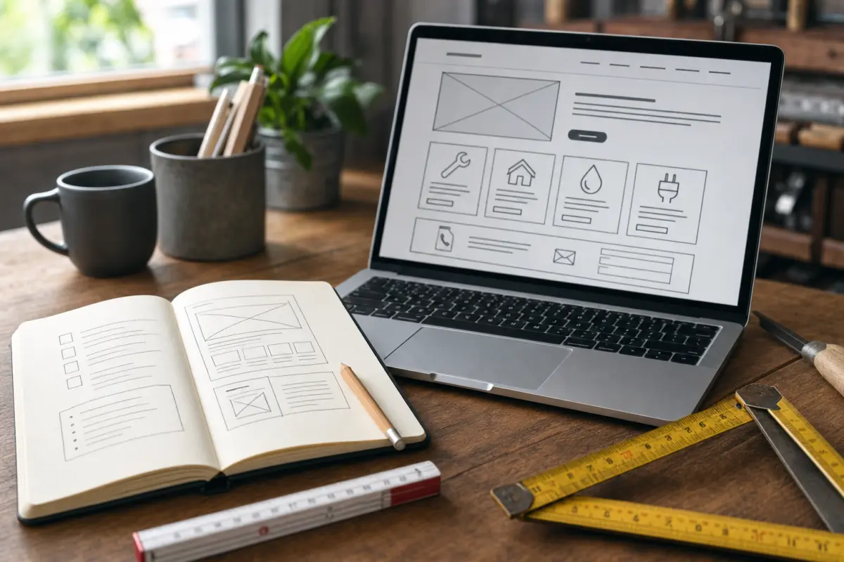 Illustration zum Artikel Webdesign für Handwerker: Eine Website, die Vertrauen und Anfragen bringt, Abschnitt 2: Notizbuch, Laptop mit Skizze, Zollstock, Bleistift