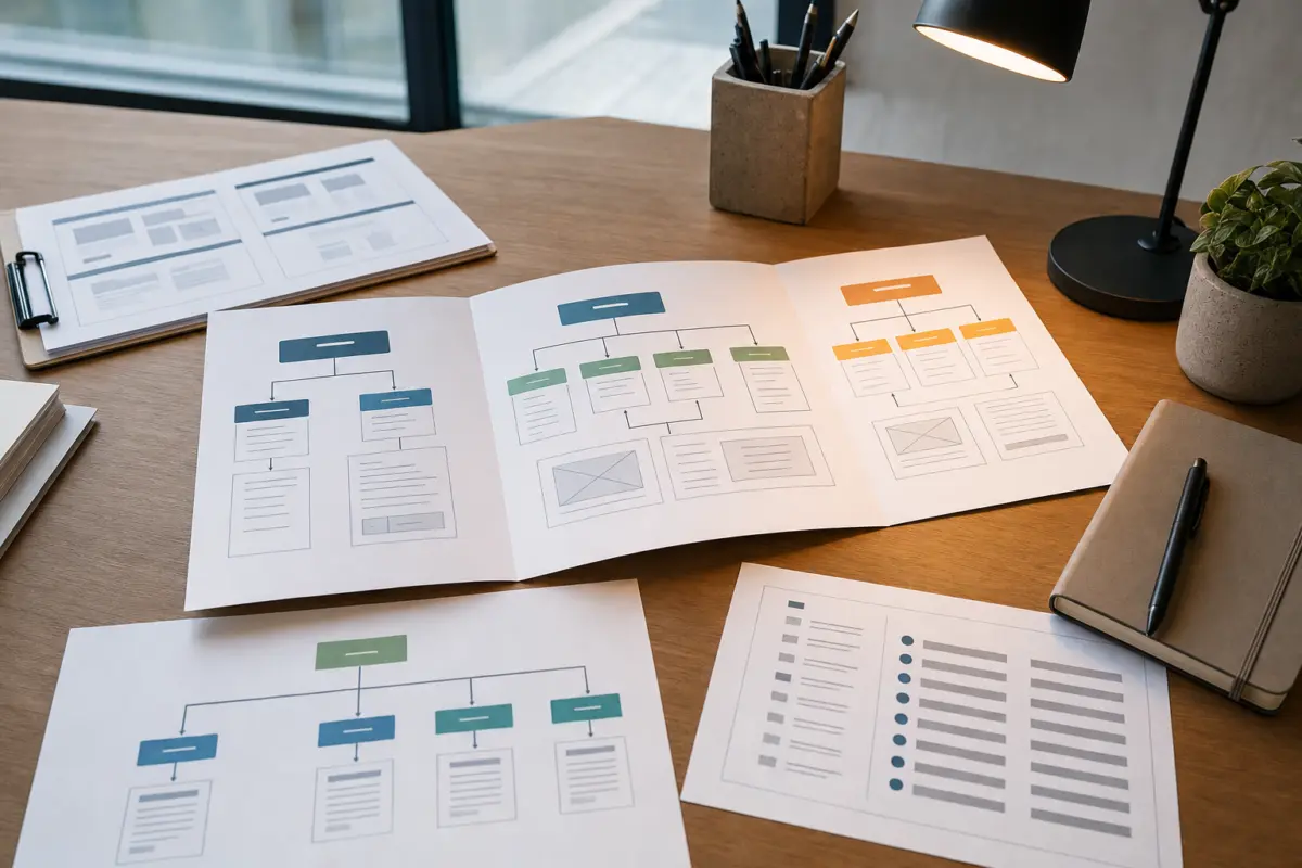 Illustration zum Artikel Webdesign-Case: Wie aus einer veralteten Website ein moderner Auftritt wurde, Abschnitt 4: übersichtliches Informationsdiagramm, strukturierte Inhaltsübersicht, Diagramm zur Nutzerführung, moderner Schreibtisch, Schreibtischlampe, feines Schreibwerkzeug