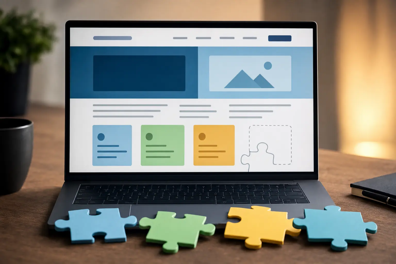 Titelbild zum Artikel Website modernisieren statt neu erstellen: Wann reicht eine Überarbeitung?: Laptop mit schematischer Website, farbige Puzzle-Teile, Schreibtischoberfläche, dezente Beleuchtung