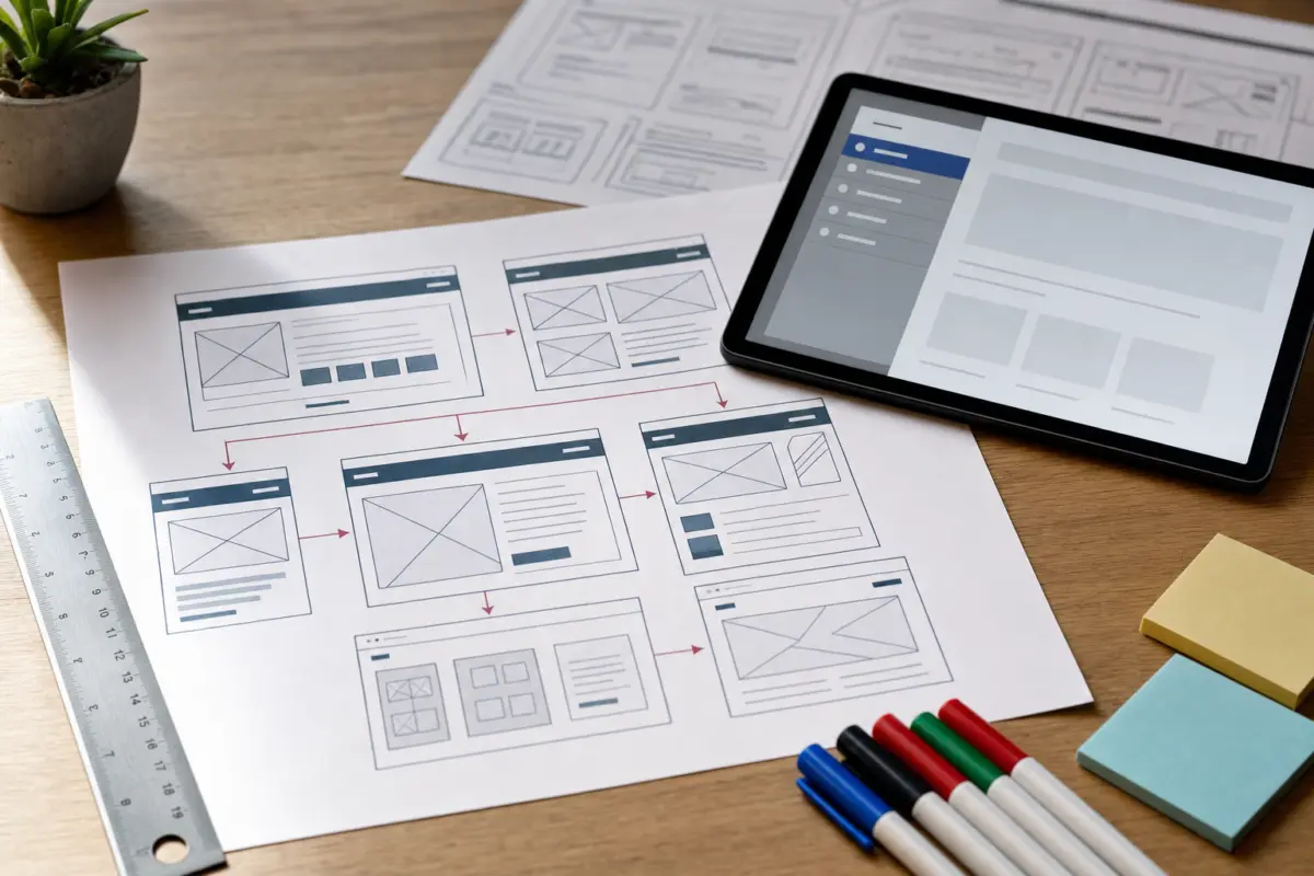 Illustration zum Artikel Warum hat meine Website Besucher, aber keine Kunden?, Abschnitt 3: Wireframe-Druck, farbige Marker, Lineal, Tablet mit Navigation, moderner Tisch
