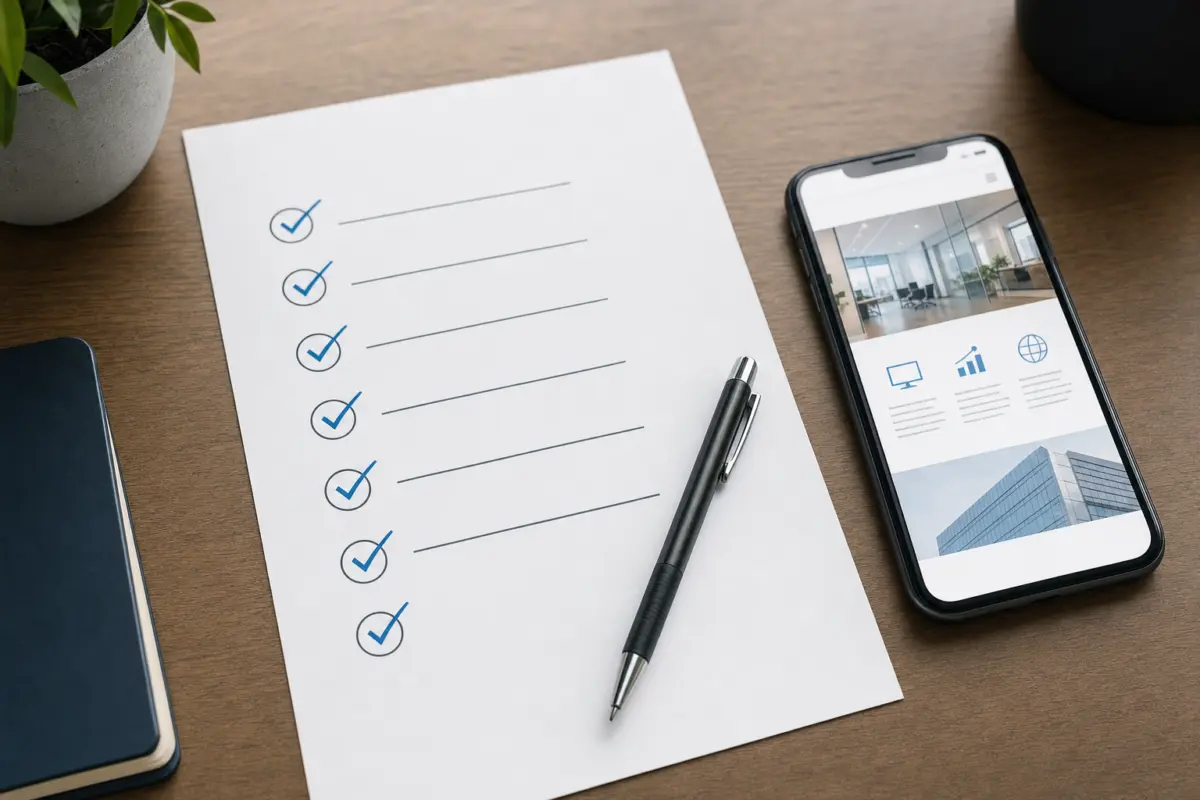 Illustration zum Artikel Warum bringt meine Website keine Anfragen?, Abschnitt 4: Schreibtisch, gedruckte Checkliste, moderner Stift, Smartphone mit Website-Startseite