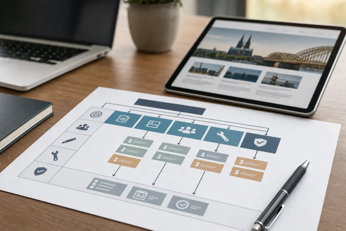 Illustration zum Artikel Website erstellen lassen in Köln: Welche Fehler Unternehmen vermeiden sollten, Abschnitt 4: gedruckter Ablaufplan, Stift, Tablet mit Websiteübersicht, moderner Schreibtisch, Laptop unscharf