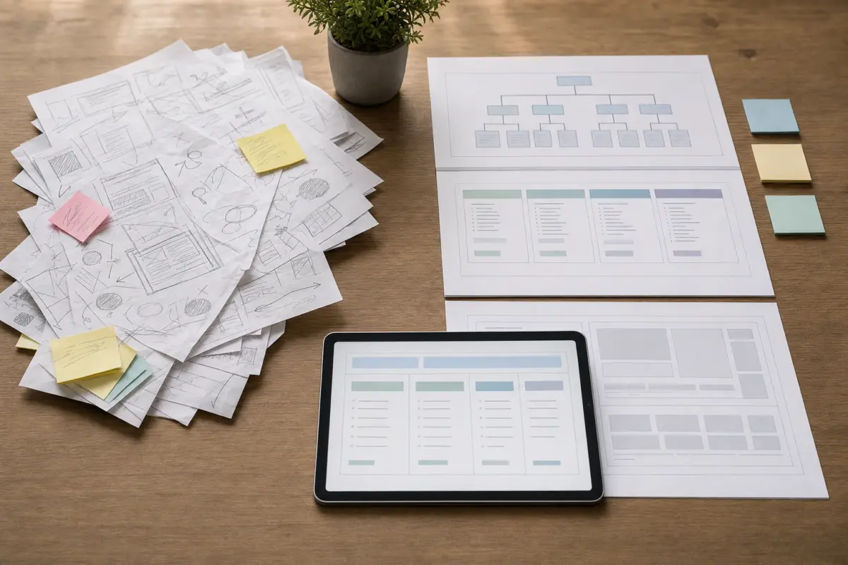Illustration zum Artikel Warum gute Websites nicht mit dem Design beginnen, Abschnitt 4: ungeordnete Skizzen, sortierte Sitemap-Dokumente, moderner Tablet, Holzschreibtisch