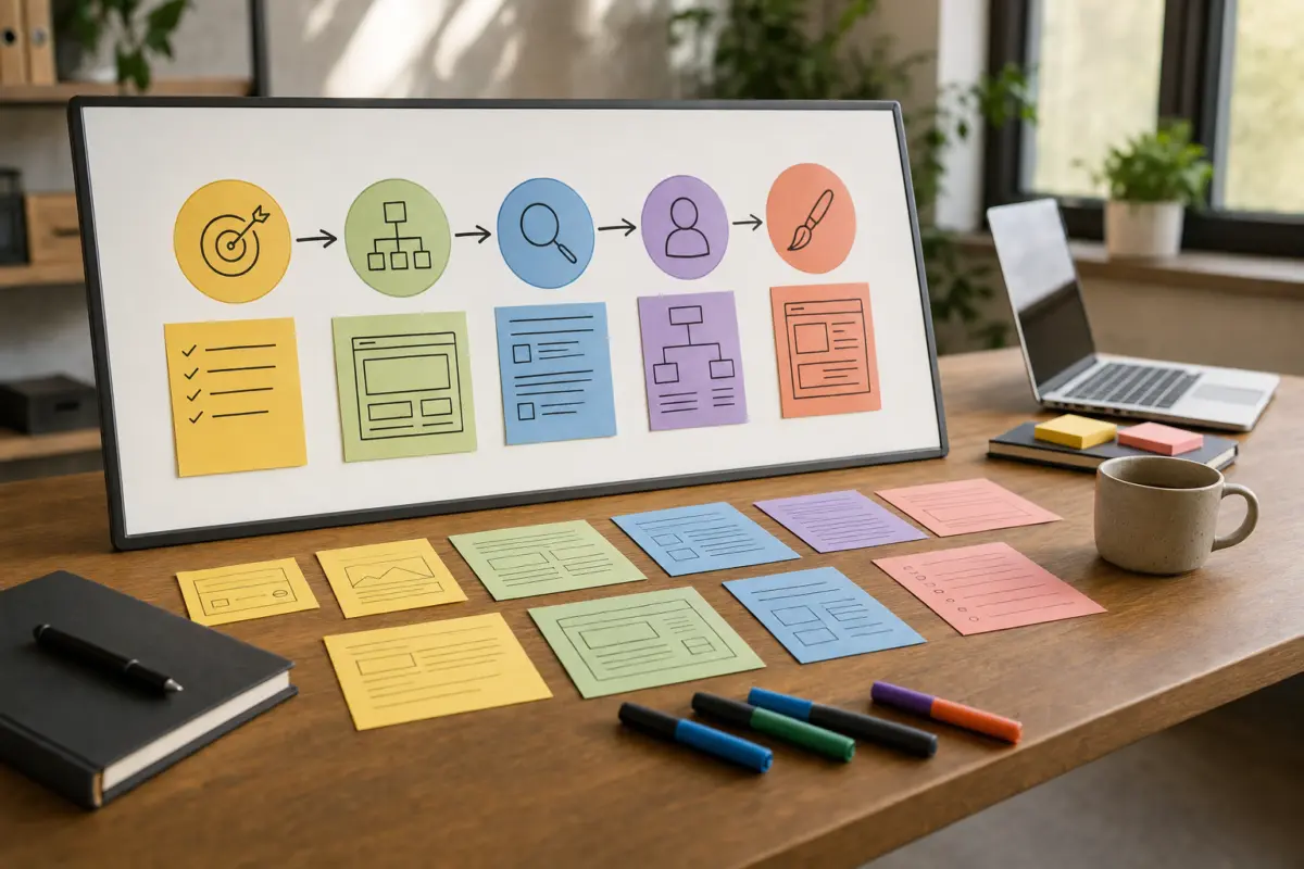 Illustration zum Artikel Warum gute Websites nicht mit dem Design beginnen, Abschnitt 3: Whiteboard mit Projektphasen, farbige Karten, Marker, Holzschreibtisch, Tasse, Laptop
