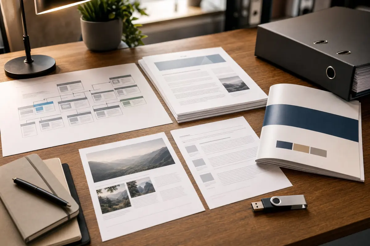 Illustration zum Artikel Was braucht eine Agentur vor dem Start eines Website-Projekts?, Abschnitt 2: gedruckte sitemaps, textentwürfe, markenleitfaden broschüre, usb-stick, schreibtischlampe, ordner
