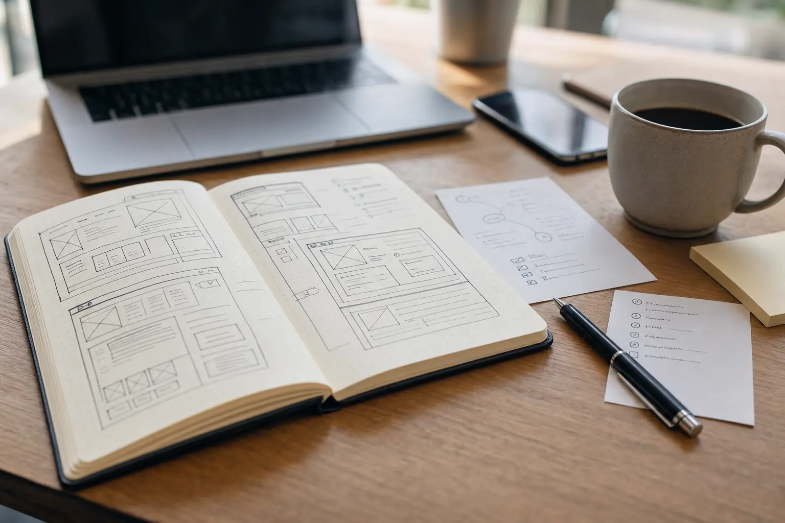 Titelbild zum Artikel Was braucht eine Agentur vor dem Start eines Website-Projekts?: Notizbuch mit Website-Skizzen, lose Notizzettel mit Projektzielen, Stift, Kaffeetasse, Laptop unscharf, Smartphone