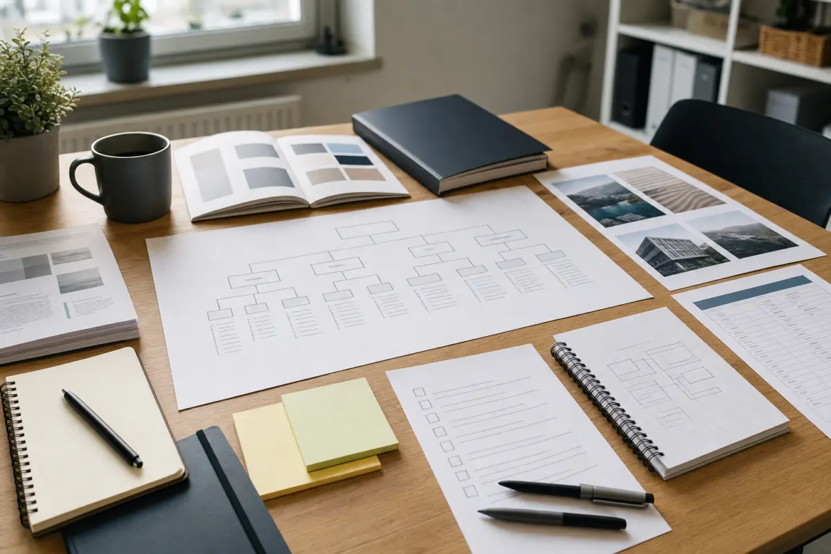 Illustration zum Artikel Was braucht eine Agentur vor dem Start eines Website-Projekts?, Abschnitt 3: Sitemap Papier, Markenrichtlinien Broschüre, Textentwürfe, Bildmaterial-Listen, Notizzettel, Stifte, technische Checklisten