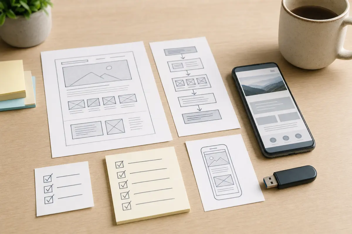 Illustration zum Artikel Warum schöne Websites nicht automatisch erfolgreich sind, Abschnitt 2: Zettel mit Website-Strukturplänen, Checkbox-Listen, moderner Mobiltelefon-Prototyp, USB-Stick, Keramik-Tasse, Holzoberfläche