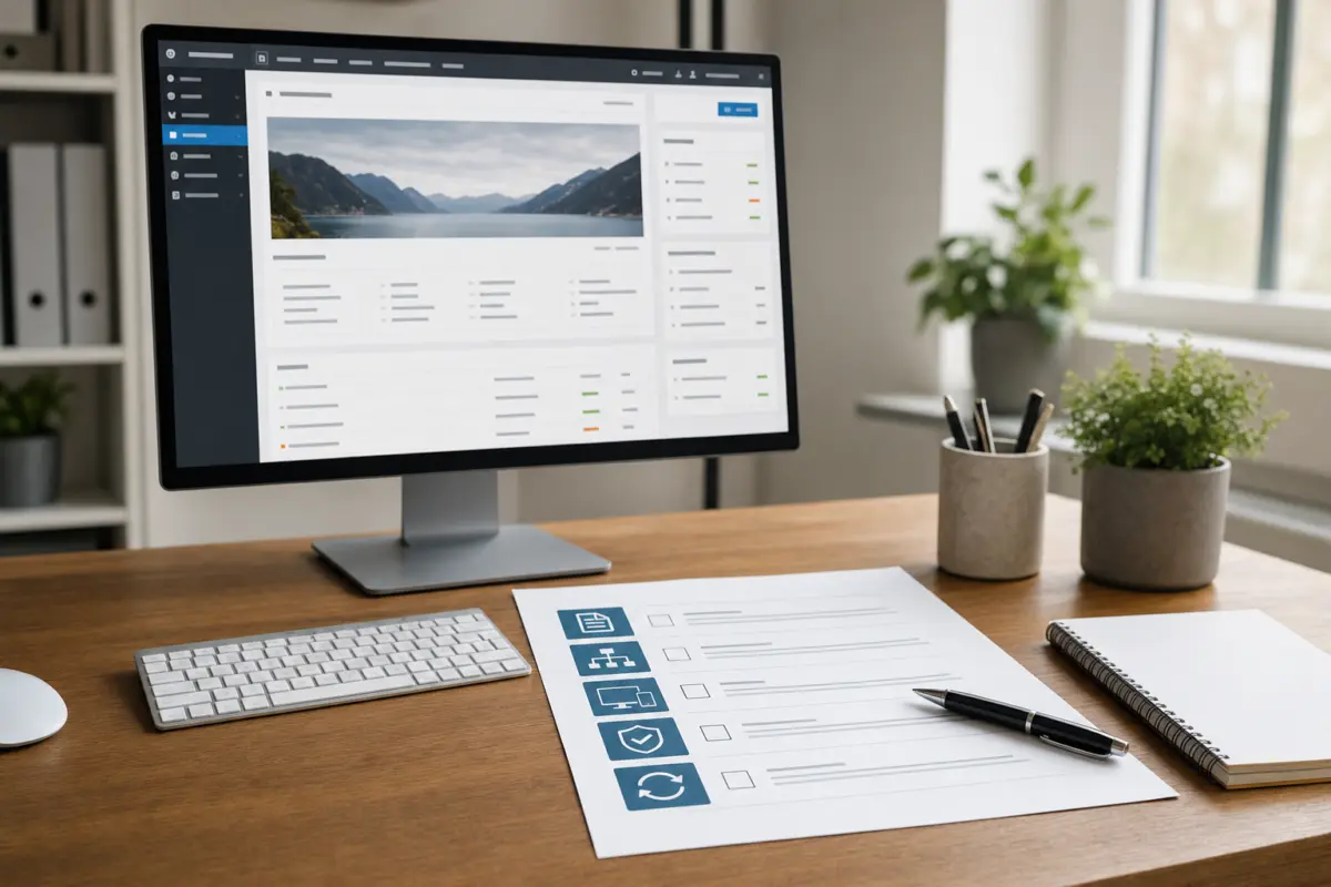 Illustration zum Artikel Typische Fehler bei Unternehmenswebsites und wie man sie vermeidet, Abschnitt 3: großer Monitor mit Website-Management-Oberfläche, ausgedruckte Checkliste, Kugelschreiber, Notizblock, Tastatur