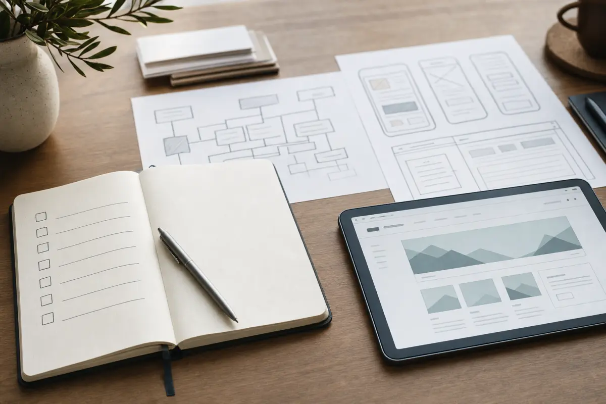 Illustration zum Artikel Website Relaunch: Wann eine neue Website wirklich sinnvoll ist, Abschnitt 2: Notizbuch mit Checkliste, feiner Stift, lose Blätter mit Diagrammen und Skizzen, Grafik-Tablet