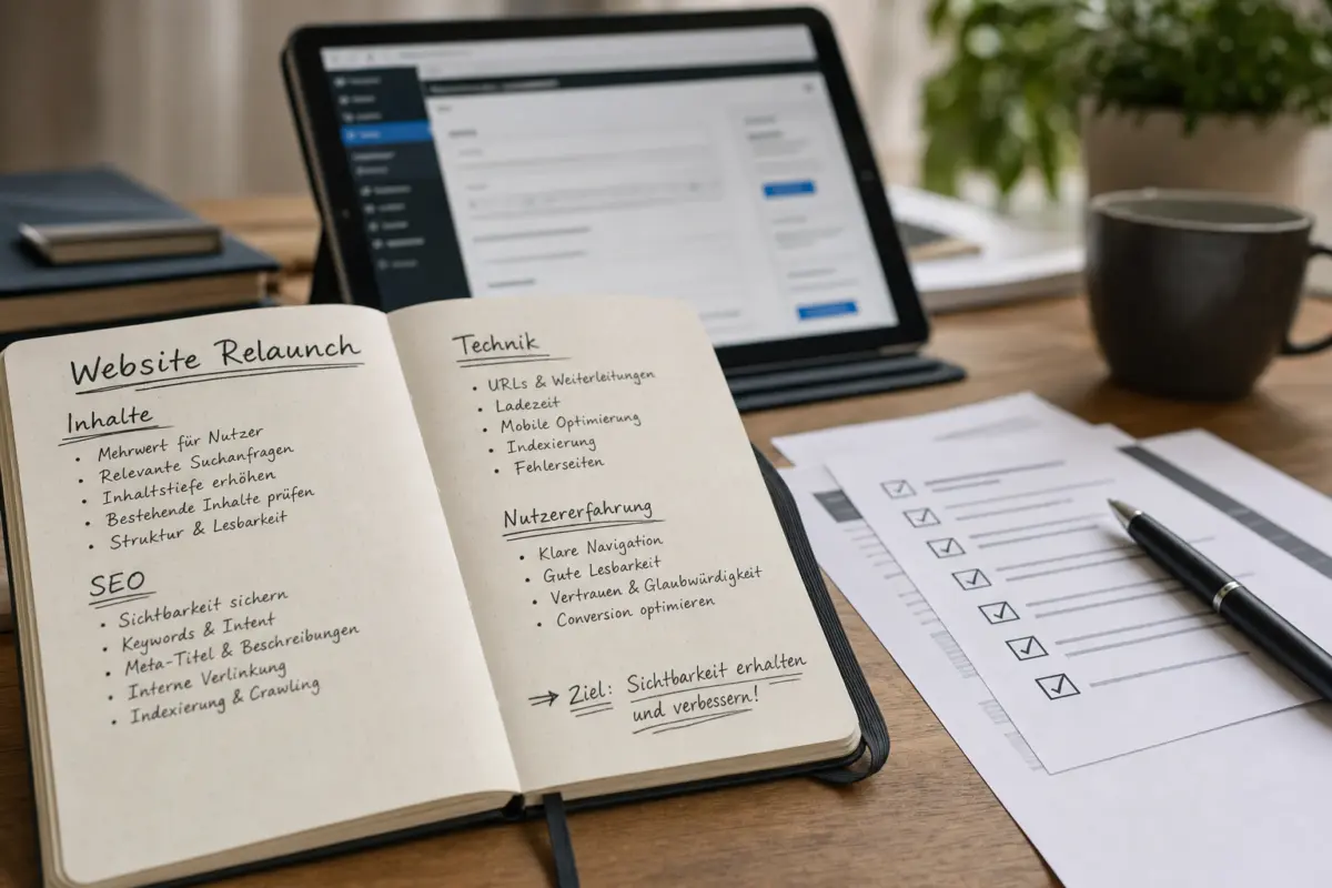 Illustration zum Artikel Warum funktioniert mein Website-Relaunch nicht?, Abschnitt 3: aufgeschlagenes Notizbuch, handschriftliche Notizen, Unterstreichungen, Lose Blätter mit Checklisten, Kugelschreiber, Tablet mit
