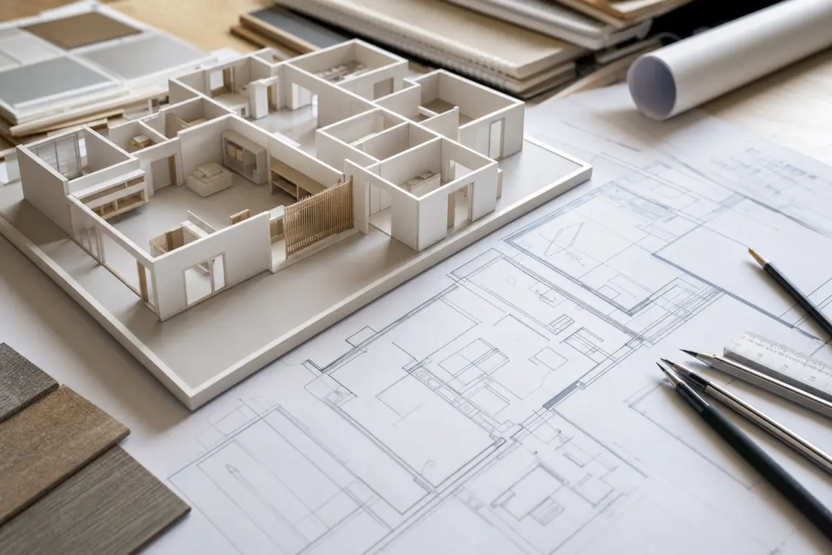 Illustration zum Artikel Website Relaunch: Wann eine neue Website wirklich sinnvoll ist, Abschnitt 1: Architekturmodell, Grundriss-Pläne, Zeichnungswerkzeuge, Lineal, Skizzenpapier