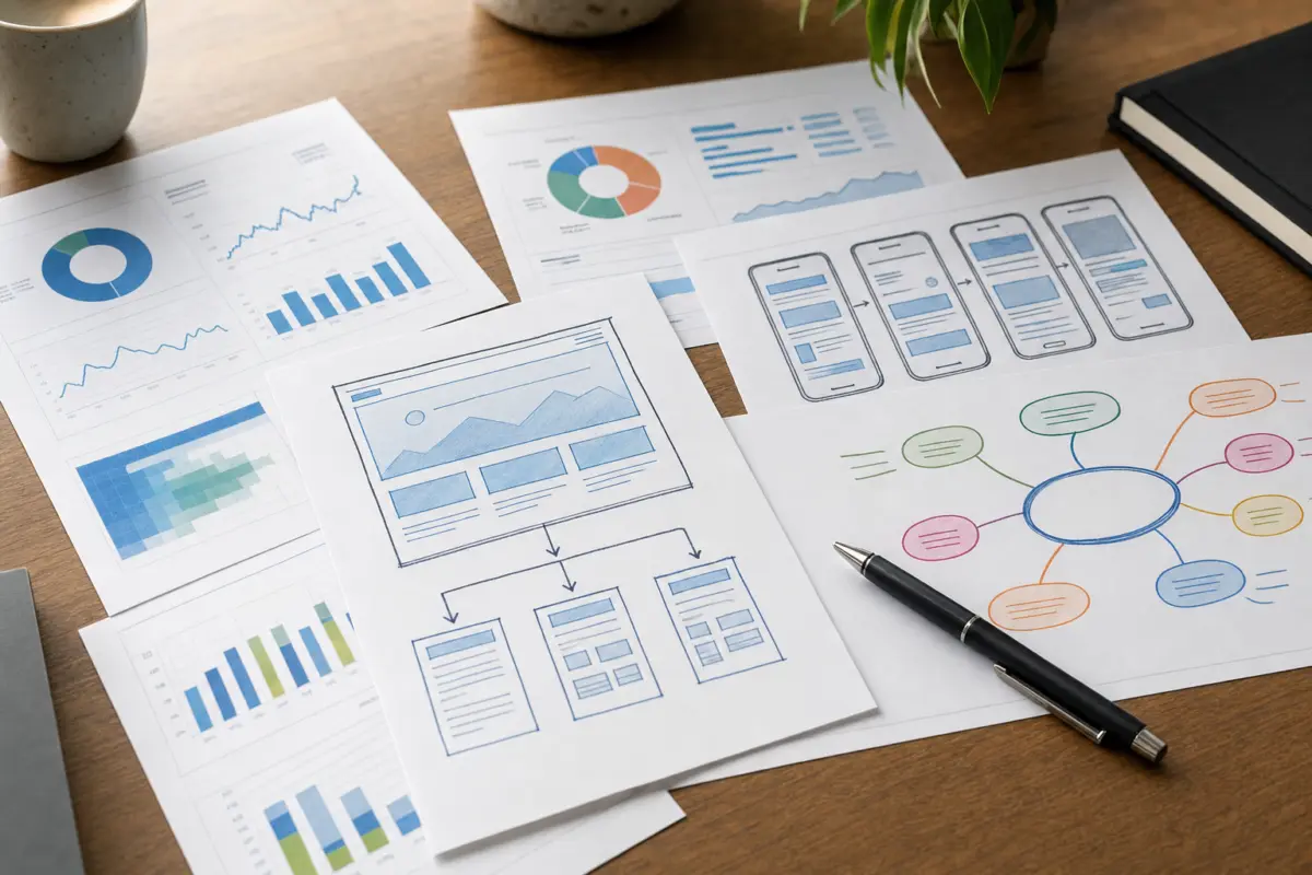 Illustration zum Artikel Website Relaunch: Wann eine neue Website wirklich sinnvoll ist, Abschnitt 3: gedruckte Website-Analyse, Diagramme, Nutzungsstatistiken, Website-Struktur-Skizzen, bunte Mindmap, moderner Stift, Holztischoberfläche
