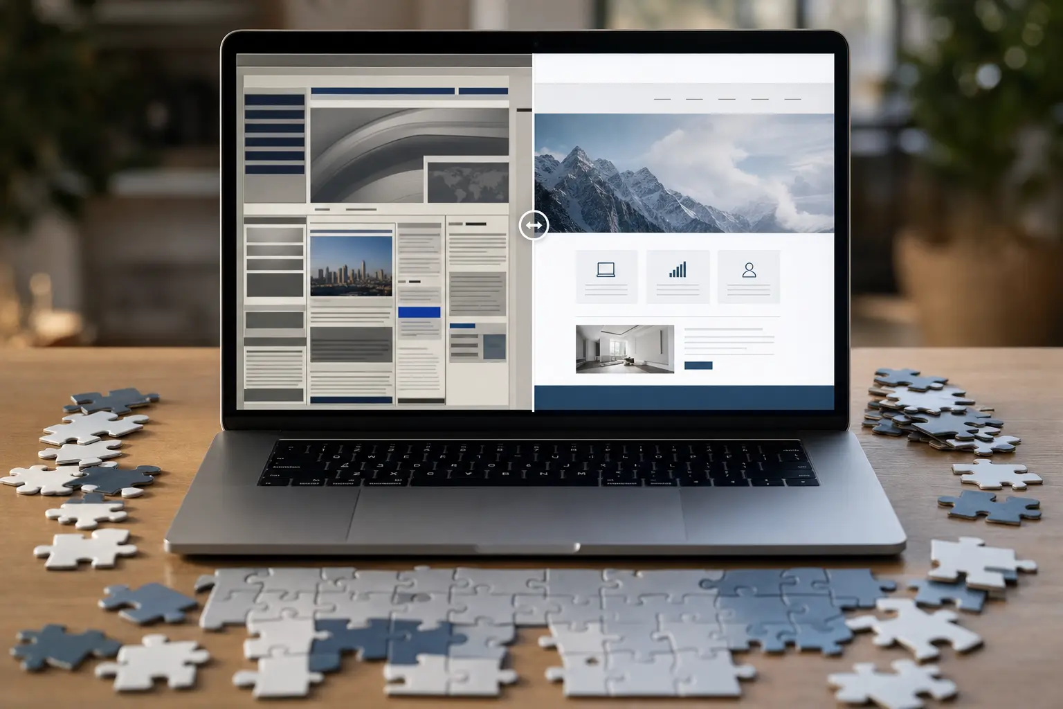 Titelbild zum Artikel Website Relaunch: Wann eine neue Website wirklich sinnvoll ist: Laptop Bildschirm, Puzzle-Teile, modernes Website-Interface, fragmentiertes Website-Layout
