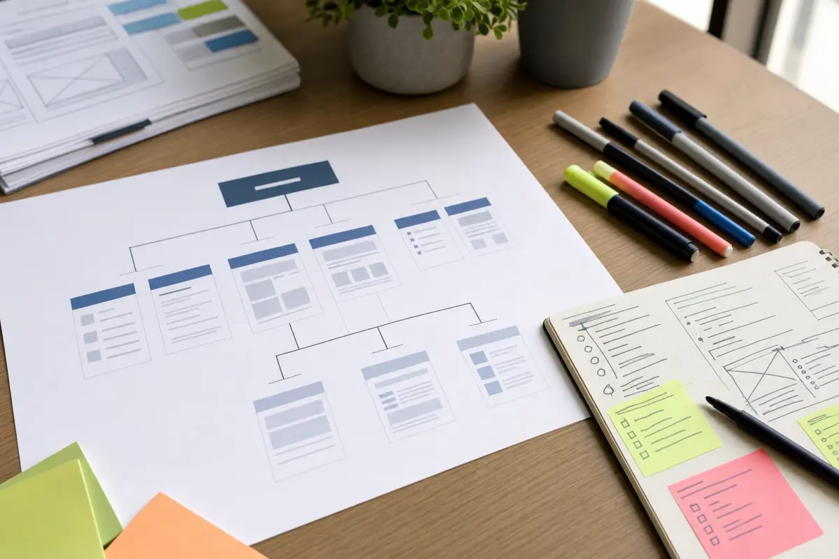 Illustration zum Artikel Webdesign-Projekt planen: Von der ersten Idee bis zur fertigen Website, Abschnitt 1: Papier mit Website Seitenbaum, handschriftliche Notizen, Stifte, Marker, moderner Schreibtisch