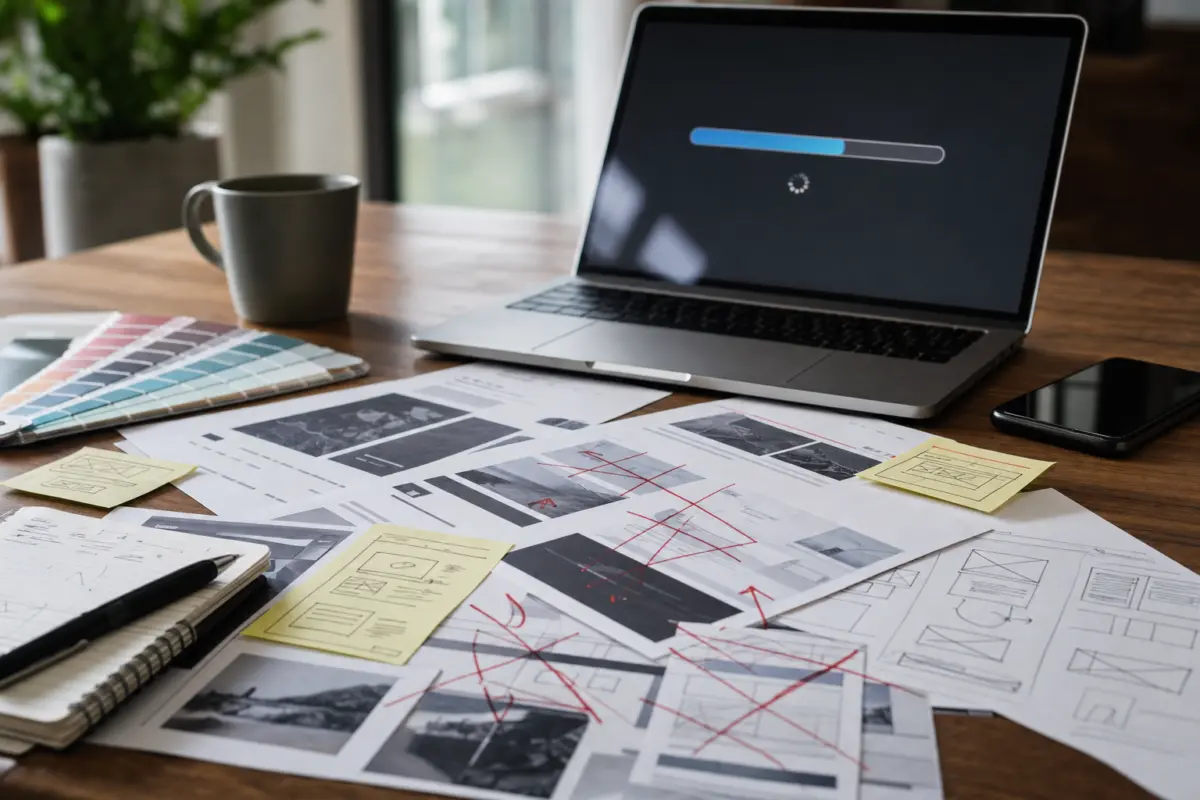 Illustration zum Artikel Website selbst erstellen oder Agentur beauftragen?, Abschnitt 1: gedruckte Website-Mockups, handschriftliche Notizen, Laptop mit Ladebalken, Farbmusterkarten, Smartphone