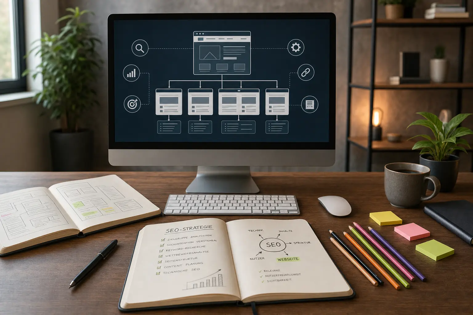Titelbild zum Artikel Neue Website oder SEO zuerst: Was ist die richtige Reihenfolge?: großer Bildschirm mit Website-Strukturdiagramm, Notizbücher, handgeschriebene Notizen, Farbstifte, moderner Arbeitstisch, dezente Hintergrundbeleuchtung