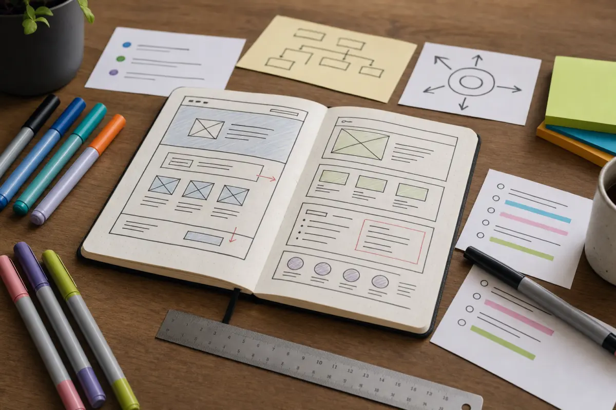 Illustration zum Artikel Warum schöne Websites nicht automatisch erfolgreich sind, Abschnitt 1: Notizbuch mit Skizzen, bunte Marker, Lineal, handgeschriebene Zettel, Holz-Tischplatte