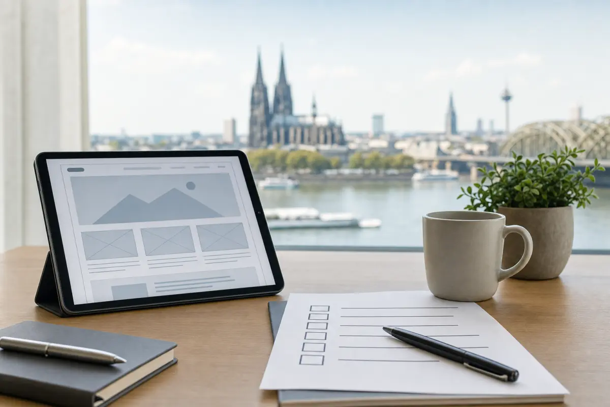 Illustration zum Artikel Was kostet eine professionelle Website in Köln?, Abschnitt 3: Tablet mit Wireframe Website-Skizze, gedruckte Checkliste, Kaffeebecher, Stift, verschwommene Kölner Skyline-Figur im