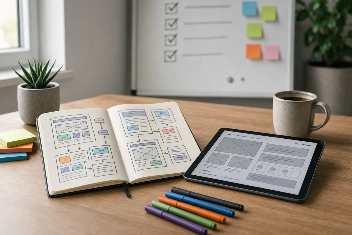 Illustration zum Artikel Homepage erstellen lassen: Worauf Unternehmen achten sollten, Abschnitt 3: Notizbuch, bunte Stifte, Tablet mit Wireframe, Kaffeetasse, Whiteboard mit Checkliste