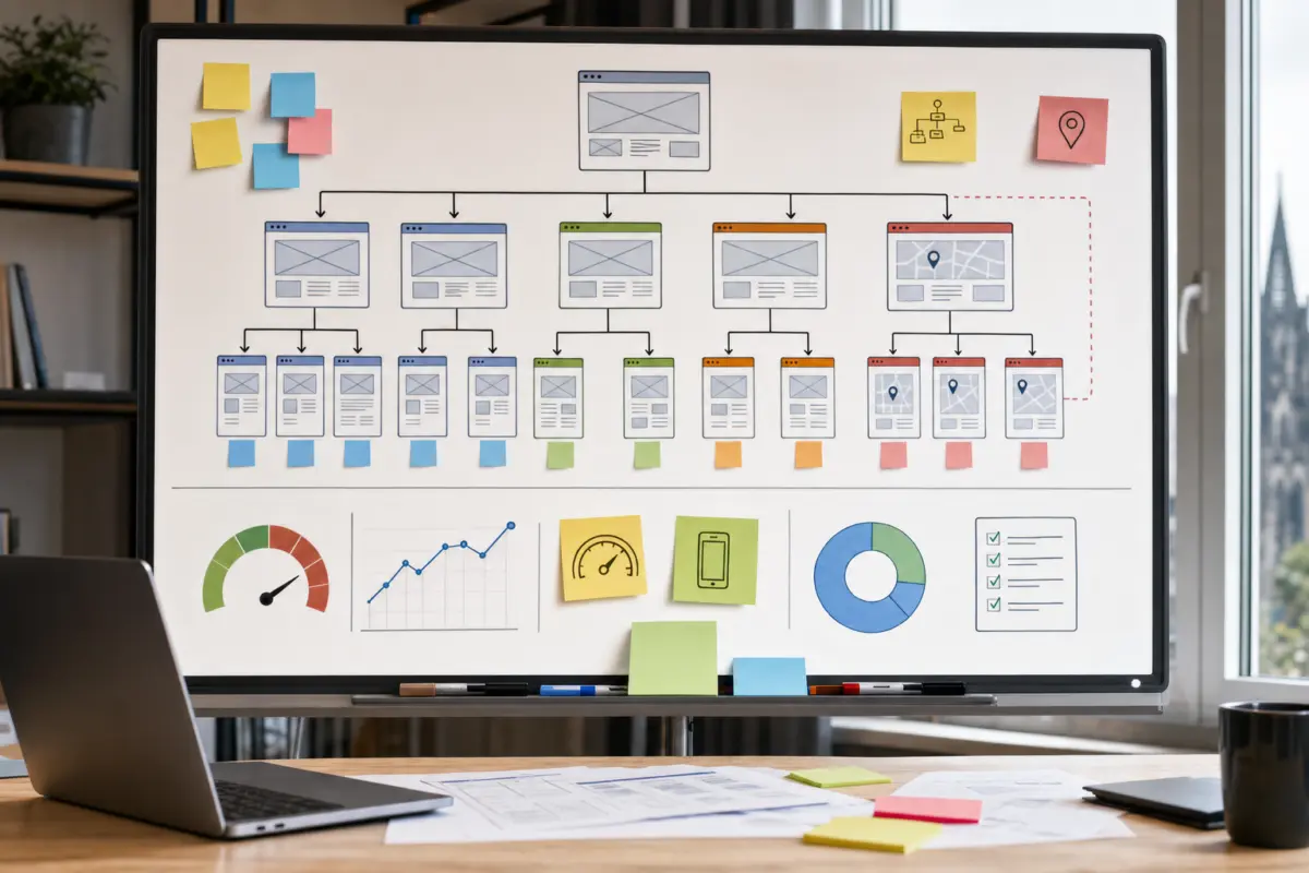Illustration zum Artikel Webdesign und SEO in Köln: Warum beides zusammen gedacht werden sollte, Abschnitt 1: digitales Whiteboard, Website-Strukturdiagramm, Post-it-Zettel, technische Diagramme, Marker, Laptop am Rand