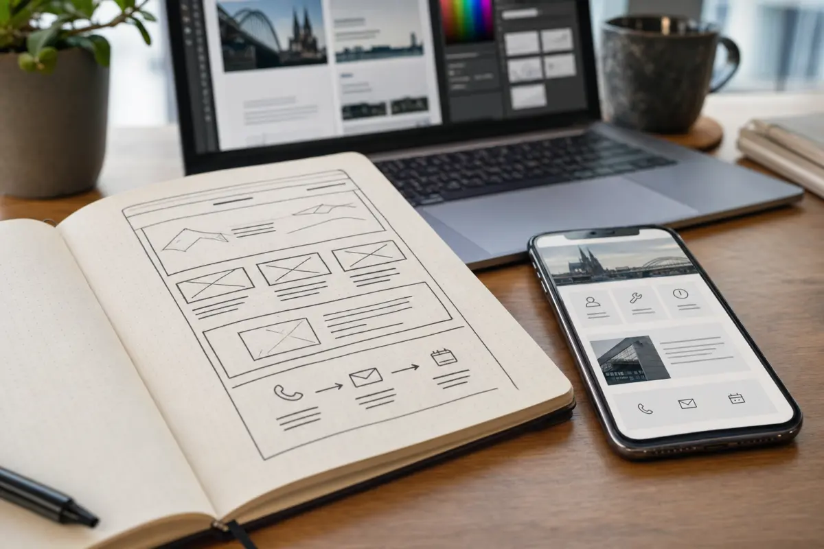 Illustration zum Artikel Webdesign in Köln: Was lokale Unternehmen wirklich brauchen, Abschnitt 2: aufgeschlagenes Notizbuch, handgezeichnete Website-Struktur, Smartphone mit geöffneter Website, Laptop mit UI-Design-Programm