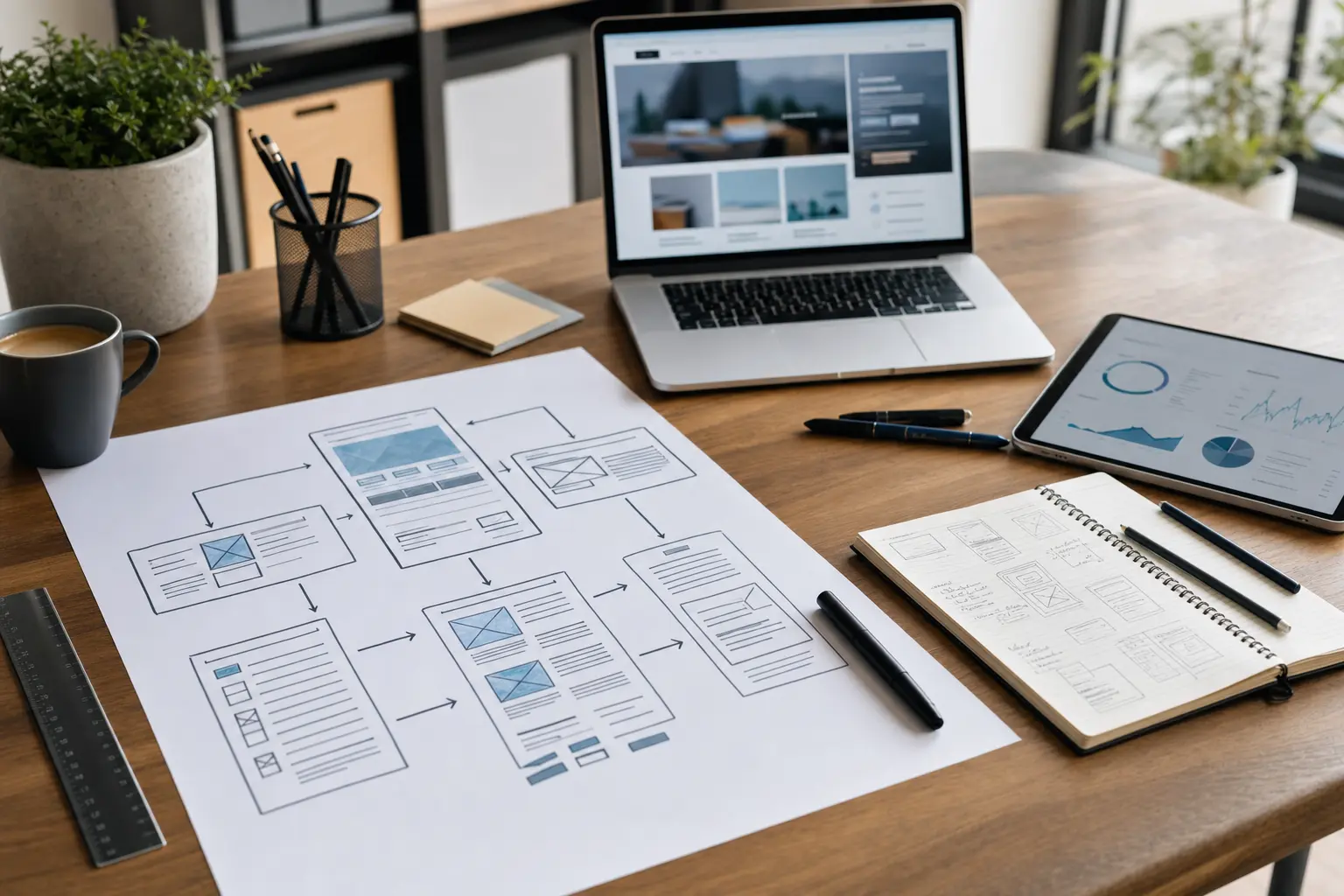 Titelbild zum Artikel Homepage erstellen lassen: Worauf Unternehmen achten sollten: Laptop, Tablet, Papier mit Wireframe, Skizzenblock, Stifte, Lineal, Kaffeetasse